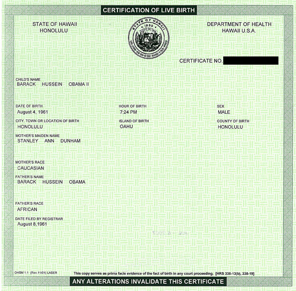 Barack Obama's Official Birth Certificate